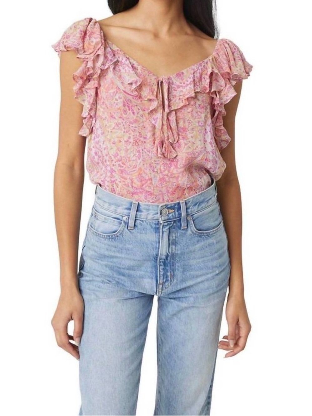 Misa Los Angeles Pink Paisley Ruffle V-Neck Blouse Luca Top